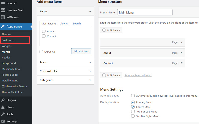 Bluehost wordpress menu customization step ten