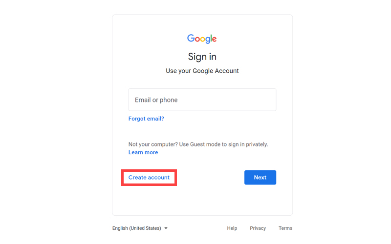 Google account creation step one