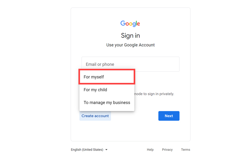 Google account creation step two