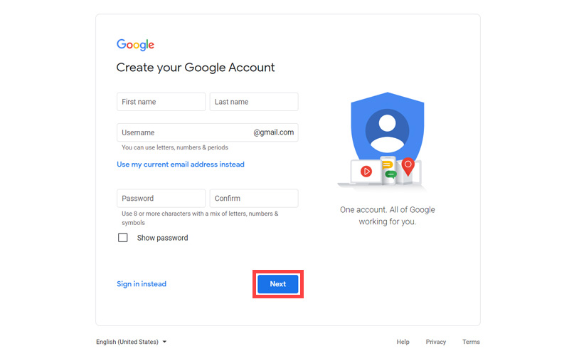 Google account creation step three